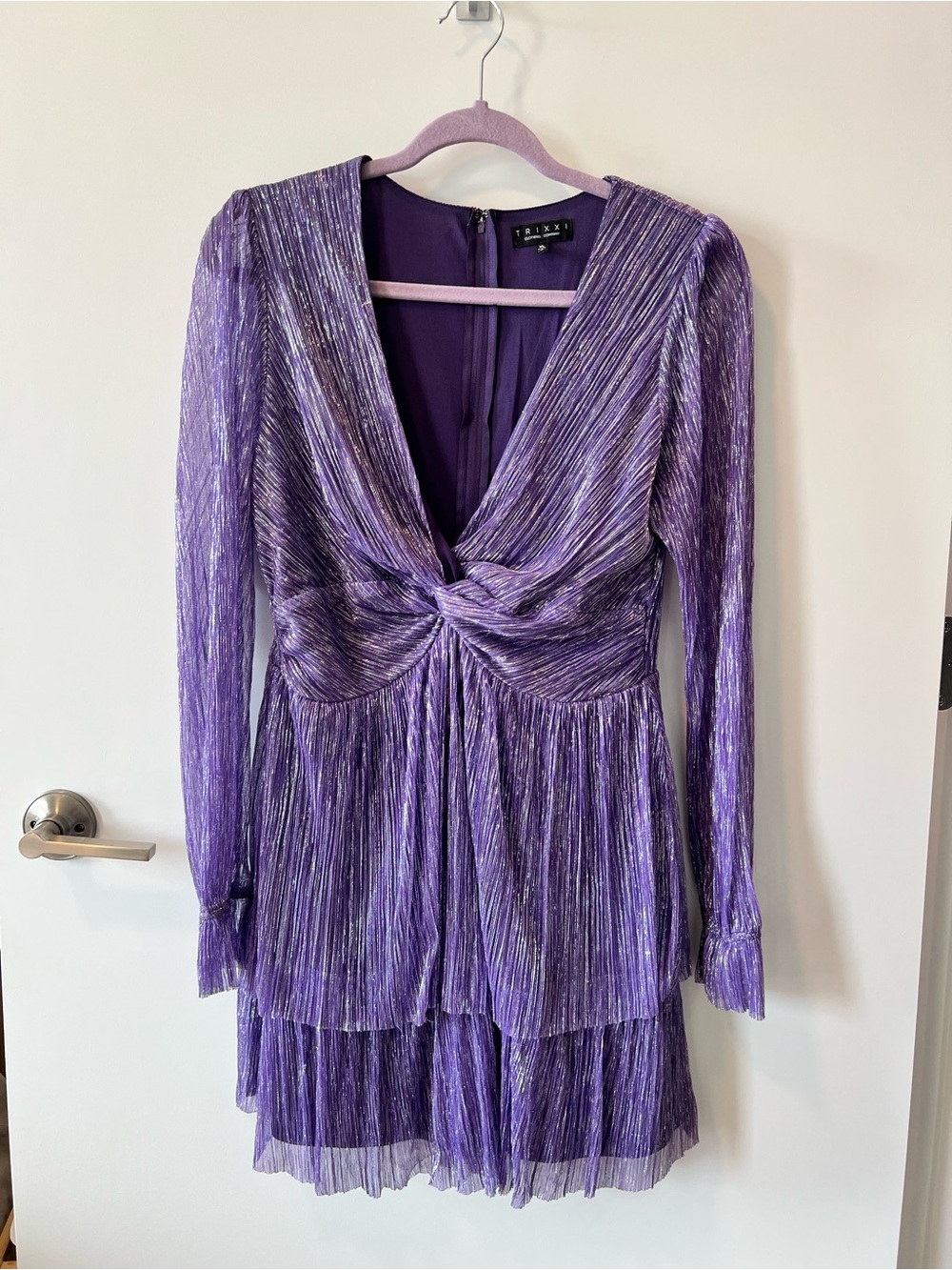 Trixxi Shimmery Purple Twist-Front Long-Sleeve Mini Dress